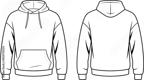 Hoodie technical sketch, front and back view, sweatshirt design, drawstring hood, kangaroo pocket, fashion illustration, apparel template, vector outline