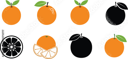 Fresh Citrus Orange Fruit Vector Icon Set and Simple Silhouette Black Graphic Symbol Collection for Design Elements and Food Labeling