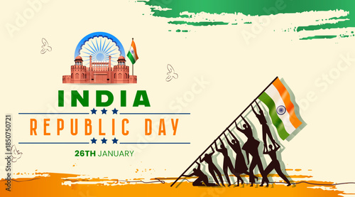 India Republic Day Illustration with Soldiers Raising Indian Flag and Patriotic Background