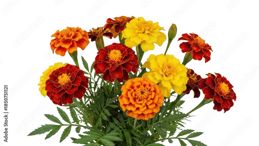 Obraz premium Vibrant bouquet of marigold flowers in shades of yellow, orange, and red on a white background
