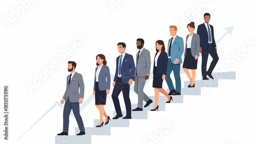 Diverse group of professionals ascending stairs symbolizing career growth and teamwork.