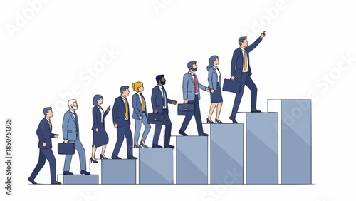Diverse group of professionals ascending stairs symbolizing career growth and leadership.