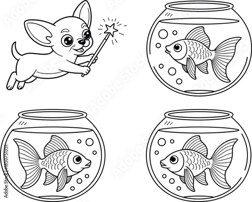 Cartoon Dog with Wand and Fish in Bowls star