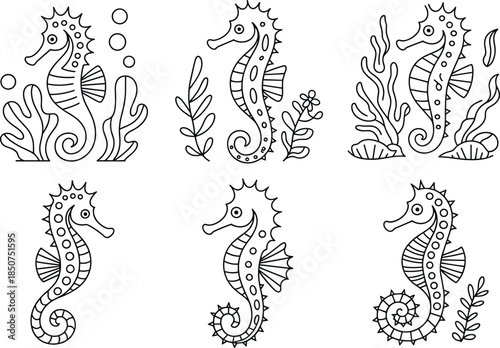 Five Seahorses in Underwater Scene Line ocean marine life
