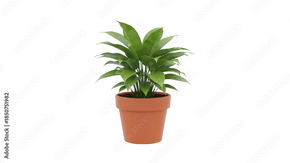 Fototapeta premium A vibrant green potted plant with long leaves sits in a terracotta pot indoors.