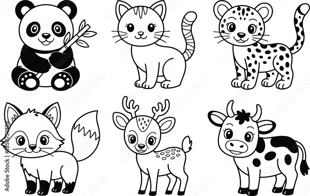 Obraz premium Six cartoon animals in black and white panda