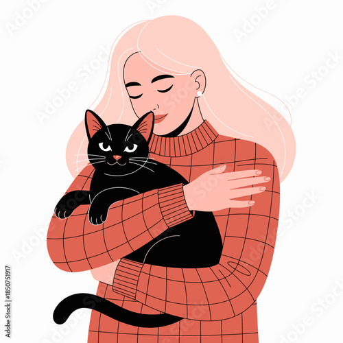 A serene moment where a woman in a cozy sweater lovingly hugs her black cat, representing warmth, companionship, and the special bond shared between pets and their owners.