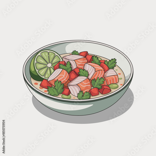 A bowl filled with fresh salmon chunks, colorful diced vegetables, and a lime wedge, visually appealing and highlighting healthy eating choices and vibrant flavors for a balanced meal.