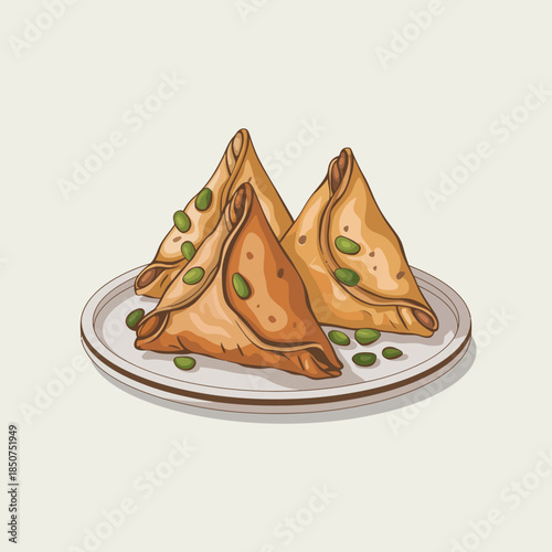 A plate of three golden-brown samosas garnished with green beans, presenting a mouthwatering view of this popular savory snack from Indian cuisine.