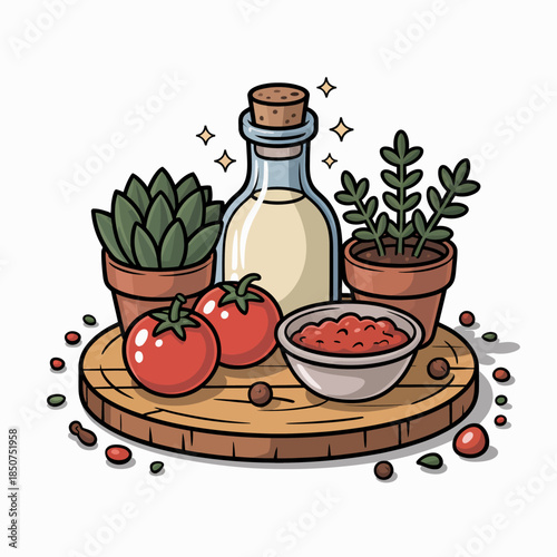 A delightful collection of fresh ingredients, including ripe tomatoes and herbs, artfully arranged to represent the essence of Italian cooking and the love for homemade meals.