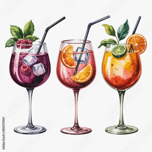 A trio of vibrant cocktails garnished with fresh fruits and ice, perfect for a summer gathering or party. The colorful drinks exude a refreshing summer vibe.