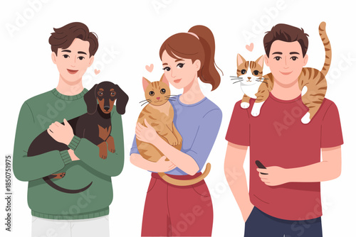 This illustration showcases a joyful scene of three individuals holding their beloved pets, expressing warmth, companionship, and love in a vibrant and colorful setting.