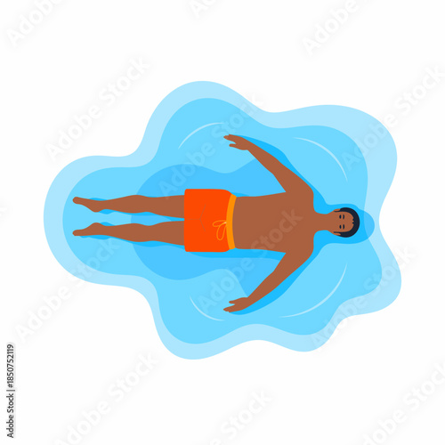 A tranquil representation of a man floating serenely in clear blue water, symbolizing relaxation and the peacefulness of enjoying time in nature and self-reflection.