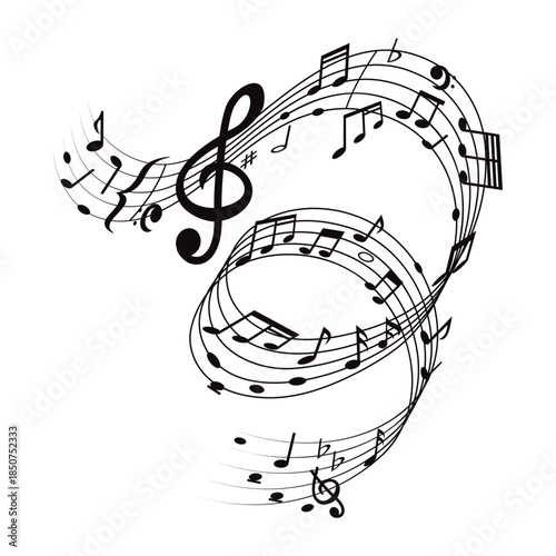 Musical note wave. Music notes melody on white background. waves of musical notes and songs .	
