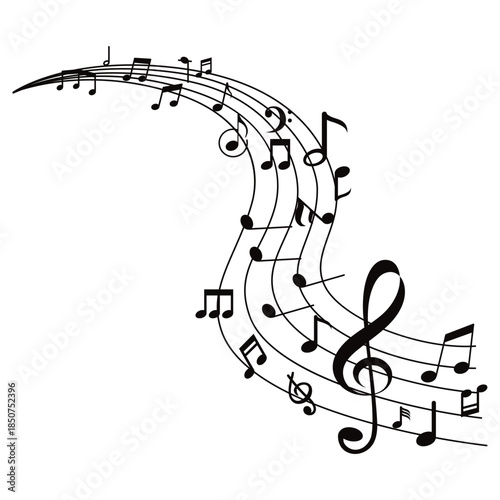 Musical note wave. Music notes melody on white background. waves of musical notes and songs .	
