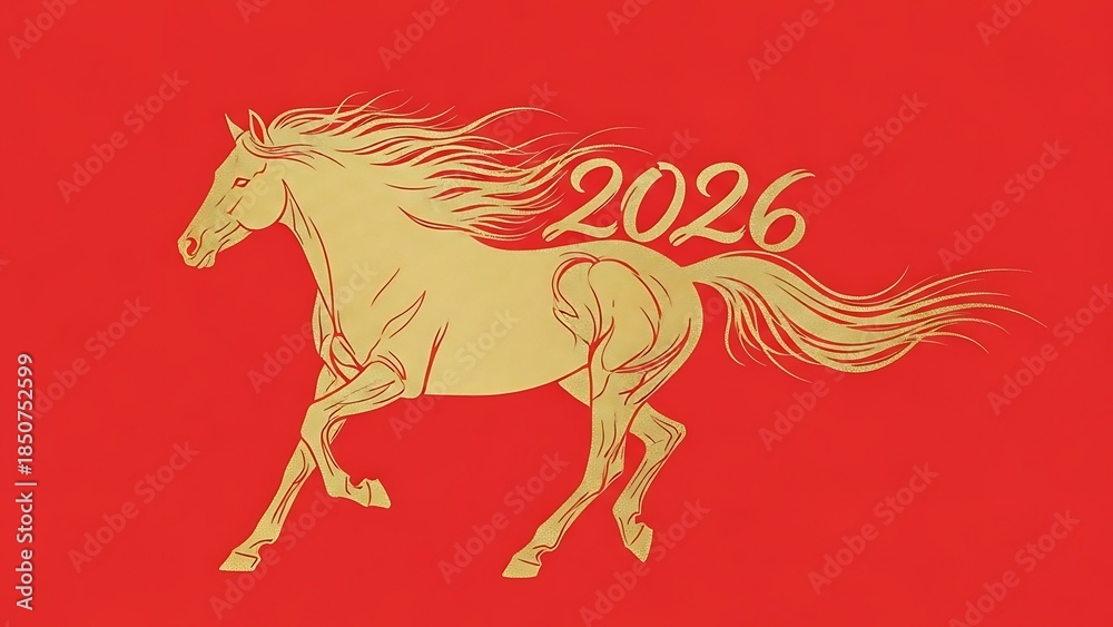 Fototapeta premium golden horse silhouette with 2026 number on red background chinese zodiac