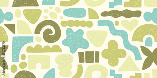 Seamless pattern with doodle crayon abstract forms, endless pattern. Cute hand drawn flat sketch design. Colorful Organic Shape Seamless Pattern. Quirky Abstract Background. Basic Silhouette Wallpaper