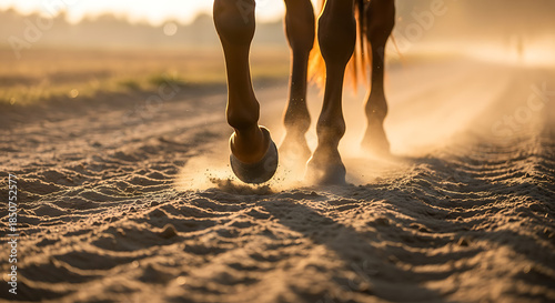 Horse's Powerful Legs Trotting on a Dusty Path at Golden Hour, Kicking Up Sand and Warm Light