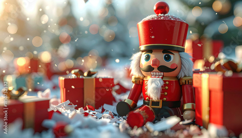 Festive broken nutcracker soldier surrounded by red gift boxes and snowflakes