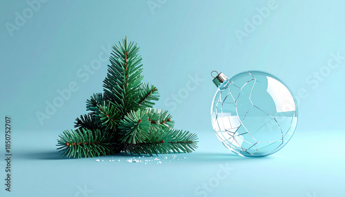 Broken glass ornament lies beside small pine tree branch on light blue background