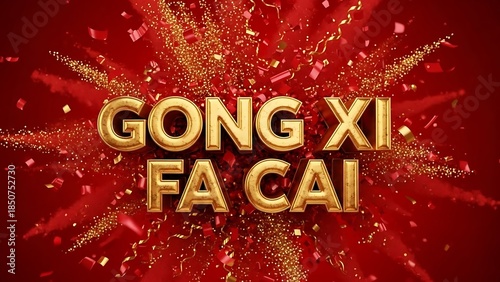 Gong Xi Fa Cai golden text and explosion of red and gold confetti Chinese New Year greeting