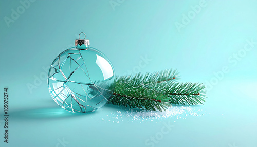 Broken glass ornament lies next to pine branch on light blue background, evoking sense of fragility and holiday nostalgia