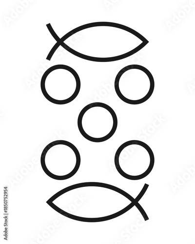 Five breads or loaves and two fish symbol. Bread miracle. ichtys sign. Vector illustration image.