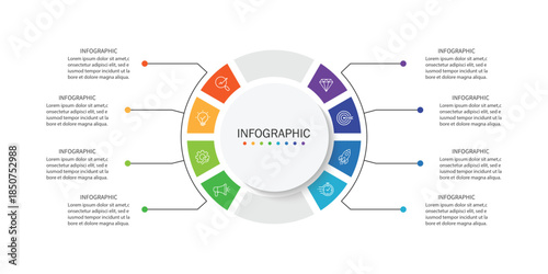 Vector infographic label design with circle infographic template design and 8 options or steps.