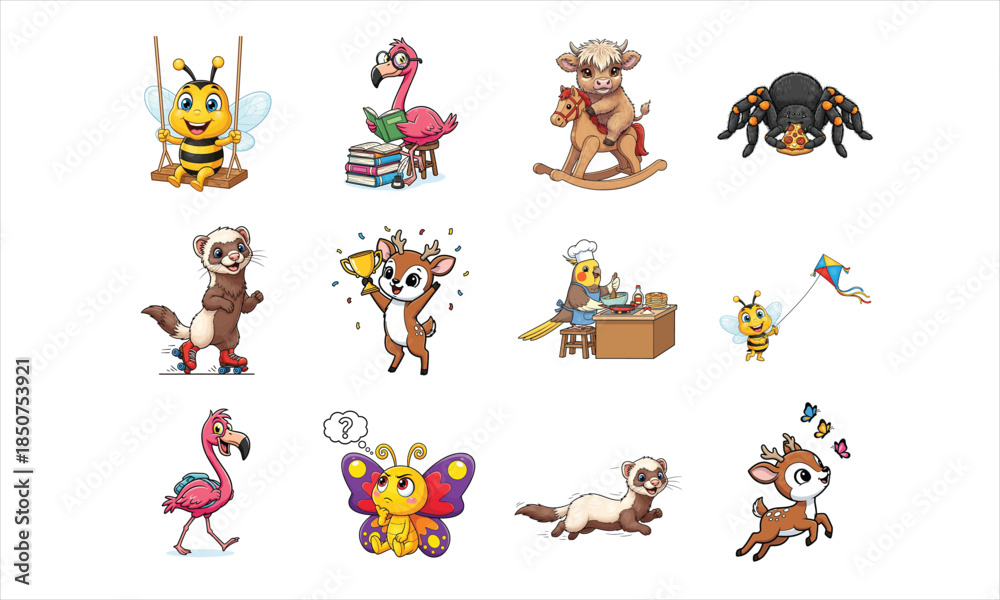 Fototapeta premium Cute Cartoon Animal Characters Playing, Learning and Celebrating Fun Moments Vector Set