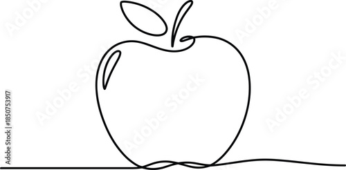 Simple black and white line of an apple on a surface
