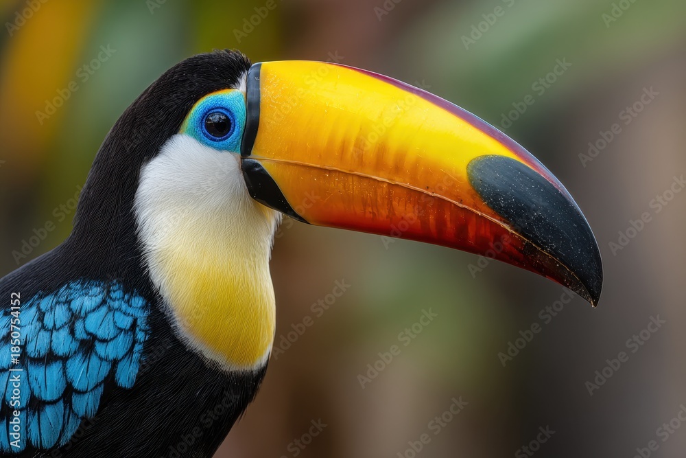 Obraz premium Colorful toucan perched on a branch in a tropical forest during daylight