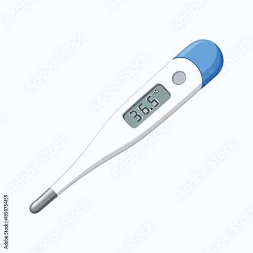 vector illustration of a digital thermometer showing 36.5°C normal body temperature with blue cap and silver tip. Health, medical concept.