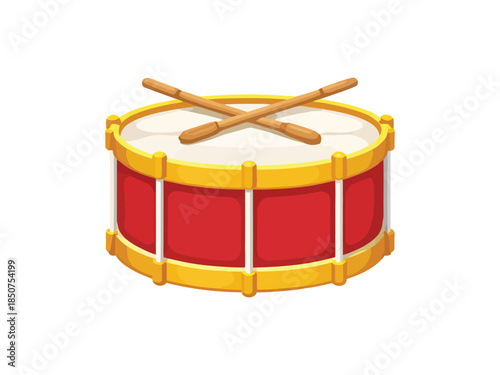 vector llustration of a classic red marching snare drum with yellow rims, white drumhead, and crossed wooden drumsticks on top.