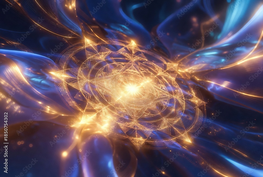 Obraz premium Mystical golden energy vortex with intricate geometric patterns radiating through ethereal blue light