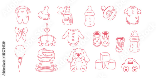 Set of hand-drawn pink baby shower and newborn elements, including baby clothes, bottles, pacifiers, a crib, and soft toys.