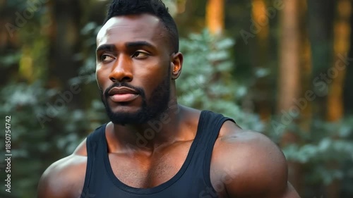 A man in a black tank top standing in the woods