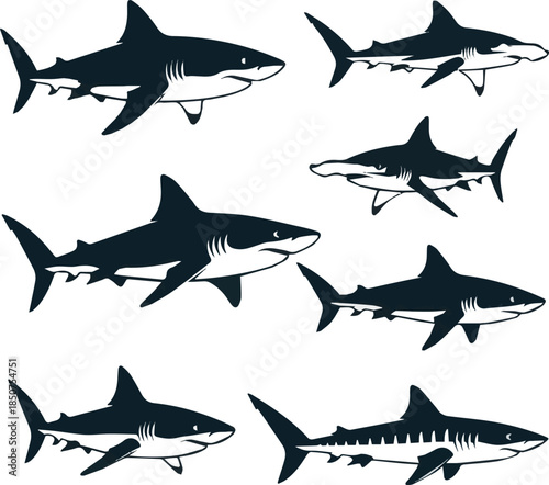 Group of divers looking at tiger shark at bottom of sea.