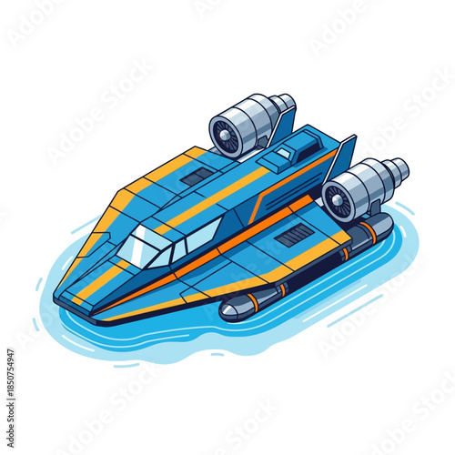 Futuristic Blue and Orange Hovercraft Vehicle on Water.