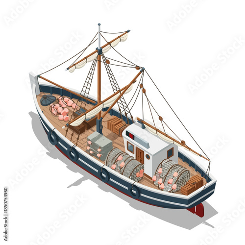 Fishing trawler boat with nets and catch illustration.