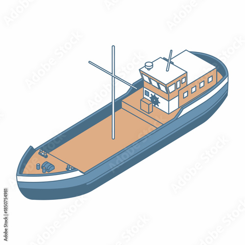 Illustration of a blue cargo ship with a tan deck and white superstructure.