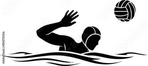  minimalist black silhouette of swimmer holding ball in water, aquatic sport icon.