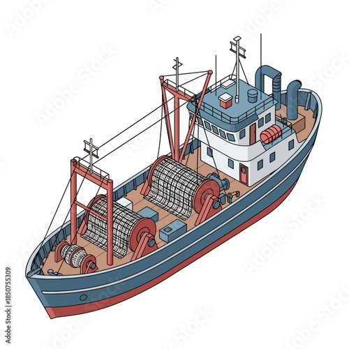 Illustration of a large fishing trawler boat with nets and equipment.