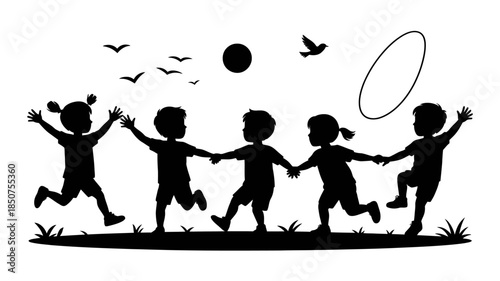 Children Holding Hands Playing Outside – Happy Kids Silhouettes Running in Park