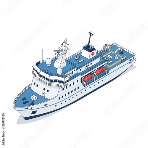 Illustration of a large white and blue passenger ferry boat.