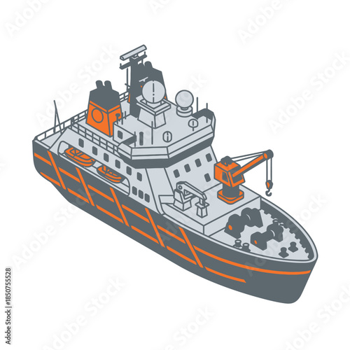 Illustration of a research vessel with a crane and scientific equipment.