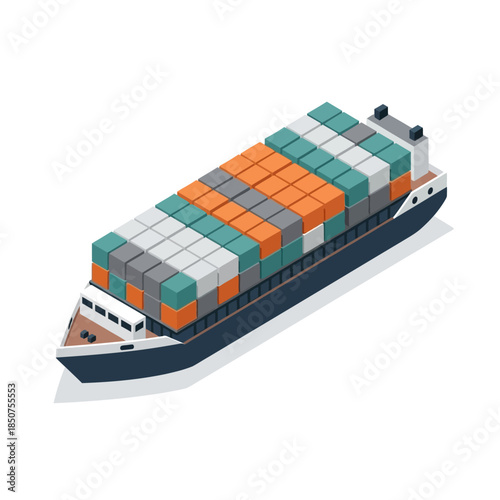 Isometric Cargo Ship Loaded With Shipping Containers.