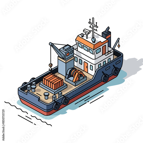 Isometric illustration of a tugboat with cargo and crane.