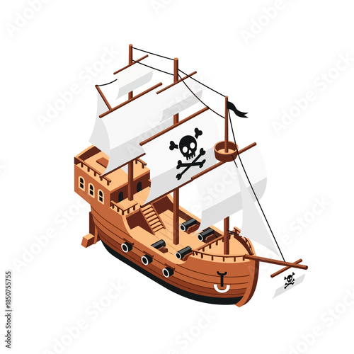 Isometric Pirate Ship with Jolly Roger Flag.