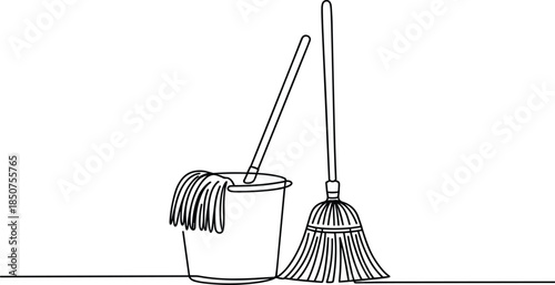 Black and white line of a mop and bucket cleaning tools