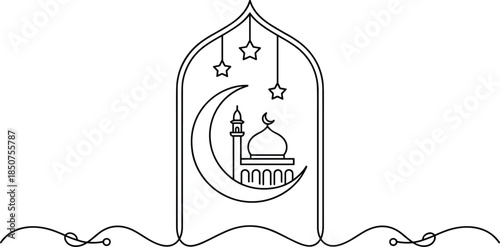 Black and white of a mosque with a crescent moon and stars